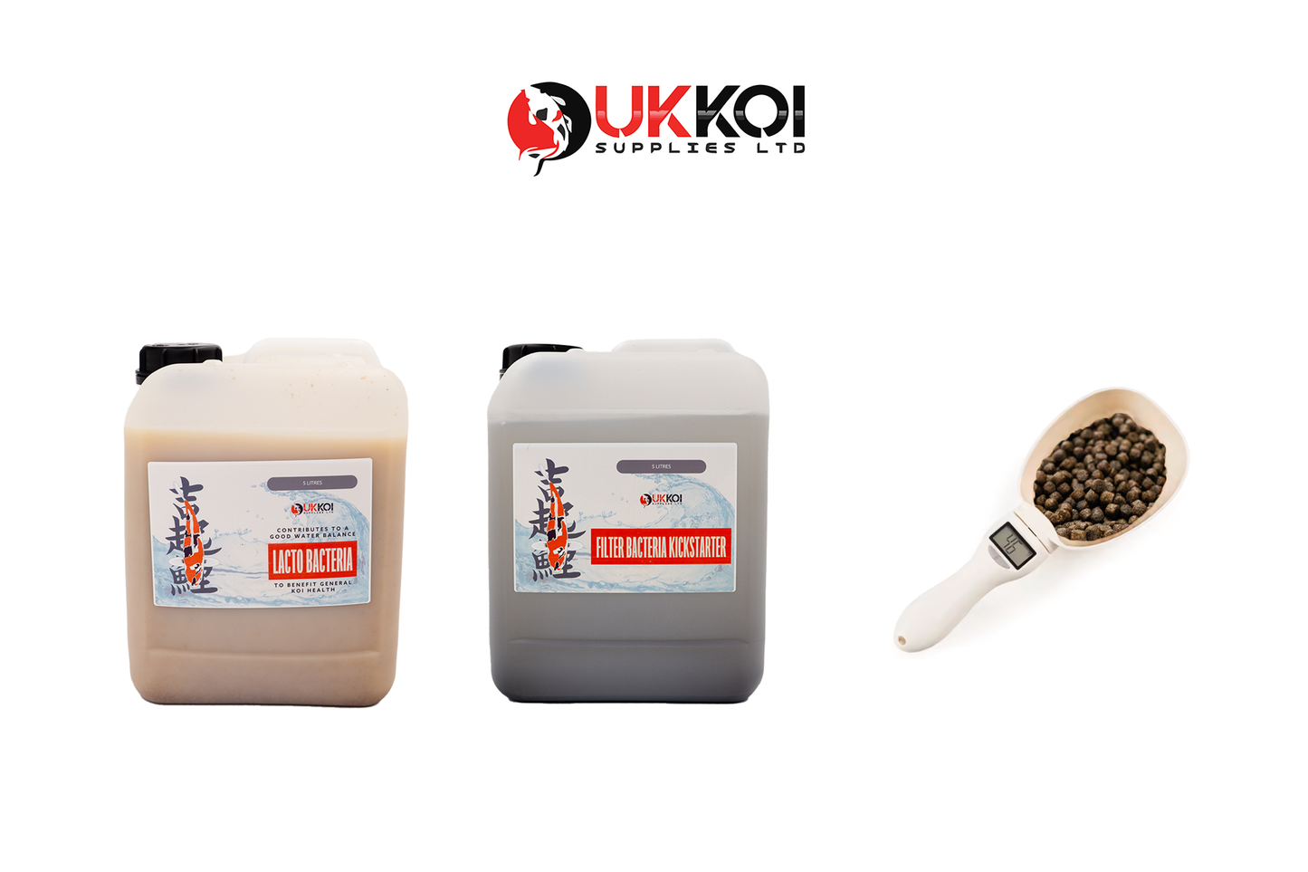 UK Koi Supplies 5L Combo - Lacto Bacteria & Filter Bacteria Kickstarter + Digital Koi Food Measuring Spoon